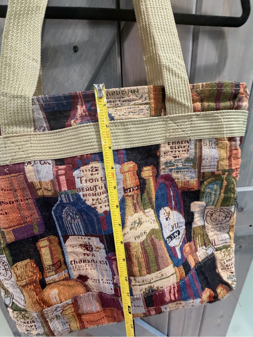 Tapestry Wine Bottle Print Tote Bag in Multi-Color with Cream Straps - Picture 4 of 6